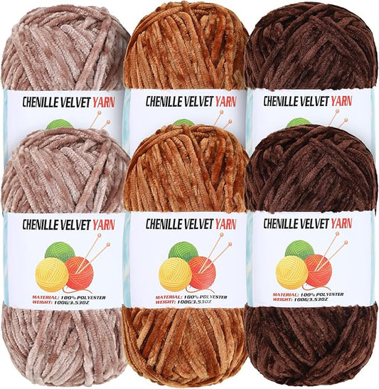 6 * 100g Velvet Chenille Chunky Yarn, Handcrafts Weaving Soft Chenille for Crocheting Clearance, Used for Making Baby Yarn Blanket, Clothes, Knitting Creations (E)
