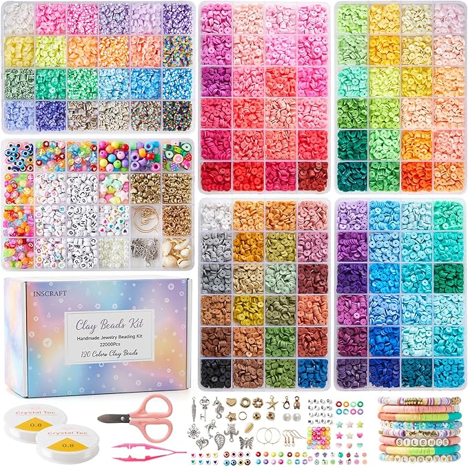 INSCRAFT 22000 Pcs Clay Beads for Bracelet Making Kit, 120 Colors Flat Round Polymer Clay Beads, Friendship Bracelet Kit Heishi Beads for DIY Jewelry Making, Crafts Gift for Girls Teen Ages 6-12