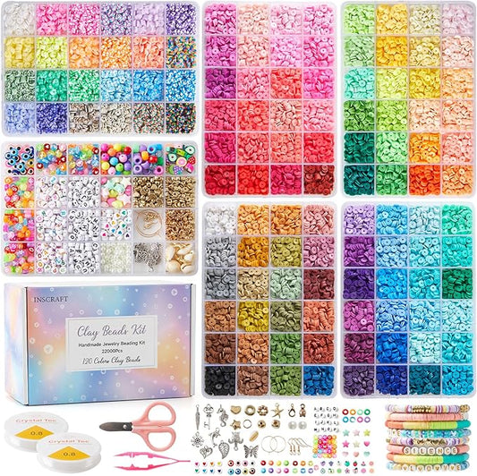 INSCRAFT 22000 Pcs Clay Beads for Bracelet Making Kit, 120 Colors Flat Round Polymer Clay Beads, Friendship Bracelet Kit Heishi Beads for DIY Jewelry Making, Crafts Gift for Girls Teen Ages 6-12