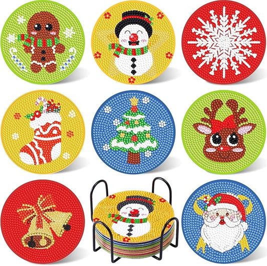 UPINS 8Pcs Christmas Diamond Art Painting Coasters with Holder for Drinks DIY Life Coaster Diamond Art Kits for Adults Kids Beginners Diamond Art Craft Supplies
