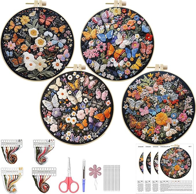 LB 4 Pack Colorful Floral Embroidery Kit for Beginners Nature Butterfly Beginner Embroidery Kit for Adults DIY Starter Kit with Embroidery Hoop Colorful Threads Tools Step by Step Instructions