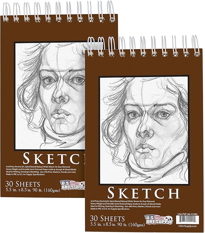 u.s. art supply 5.5”x8.5 premium heavy-weight paper spiral bound sketch book: 90 pound (160gsm), 30-sheet drawing pad (2 pack)