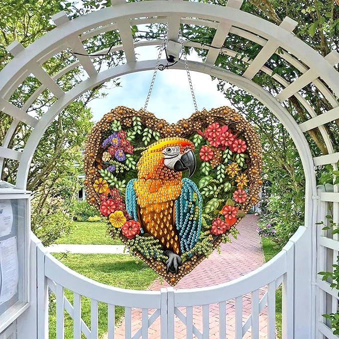 Wergund 5D DIY Parrot Diamond Art Hanging Kits, Hanging Diamond Art Animal, Acrylic Special Shaped Rhinestone, Window Hanging Pendants for Home Wall Garden Front Door Outdoor Decor Gift(Parrot)