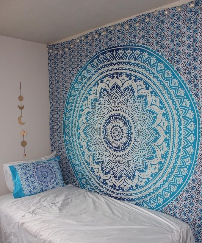 popular handicrafts tapestry wall hanging hippie ombre mandala bohemian hippy intricate indian tapestries bedspread 54 x 82 inches (140cm x 210cm) blue