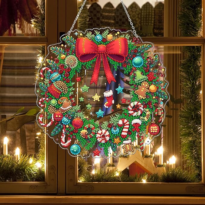 JJFox Diamond Art Hanging Kit for Adult,Special Shaped Rhinestone,Double Sided 5D DIY Acrylic Diamond Art Painting Window Pendants Home Garden Wall Hanging Kits Hanging Ornament (Christmas Wreath-2)