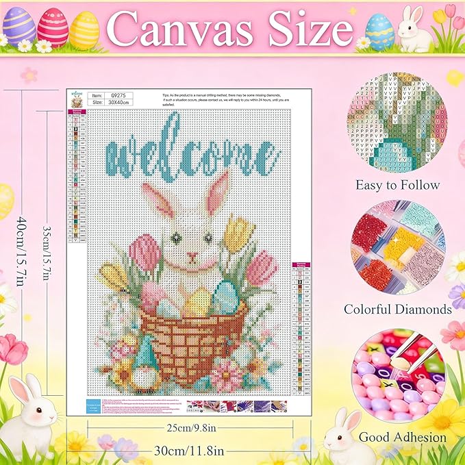 Gemozaic Easter Diamond Painting Kits for Adults, Easter Bunny Diamond Art Kits for Adults, Rabbit Gem Painting Kit for Adult for Gift Home Wall Decor, 12x16 Inch