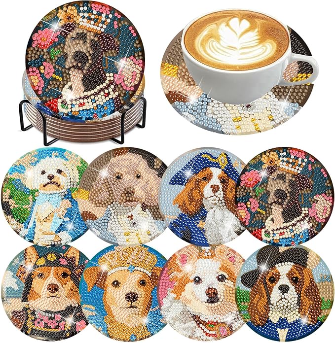 igoodom 8 Pcs Diamond Art Coasters Kit with Holder, DIY Funny Dog Diamond Painting Coasters for Beginners Adults, Non Slip Diamond Art Kits Craft Supplies 4x4inch