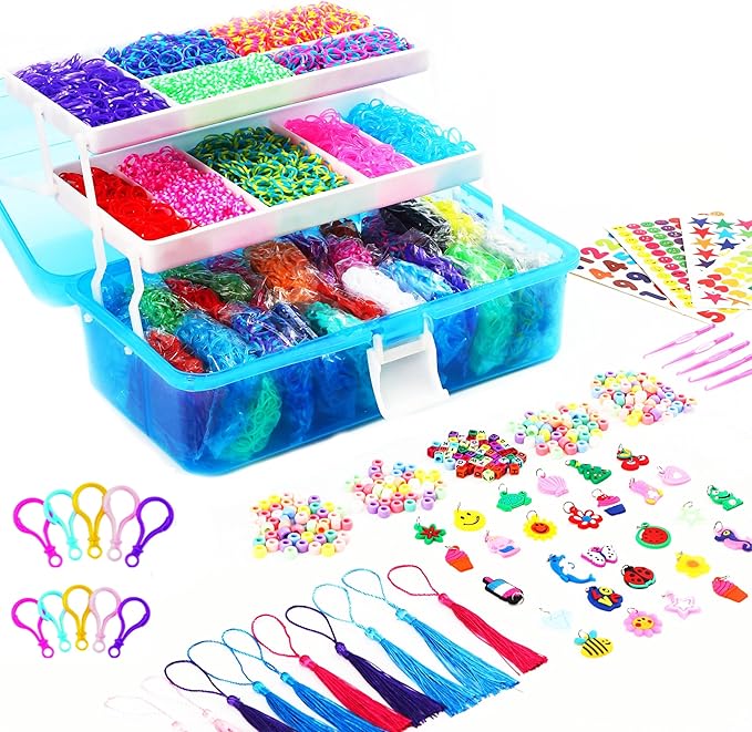 15000+ Loom Rubber Bands Bracelet Kit, Rubber Bands for Bracelet Making Kit,Loom Bracelet Making Kit with 3 Layer Container,30 Colors,380 Beads, Charms Hooks Tools