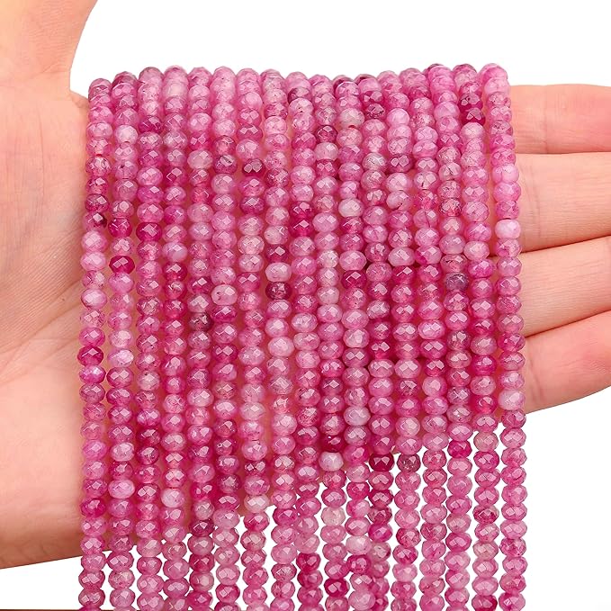 2 Strands Colored Pink Tourmaline Jade Beads for Jewerly Making, 3 * 4mm Faceted Rondelle Gemstone Crystal Beads for DIY Bracelet Necklace Crafts