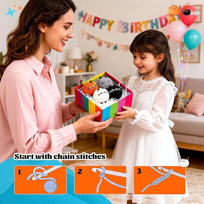 Joyclub 4 Pcs Crochet Kit for Beginners Crochet Starter Kits for Adults and Kids Great Birthday Gifts for Crocheting Lovers with Step by Step Video Amigurumi Cat Family Knitting Kit DIY Craft