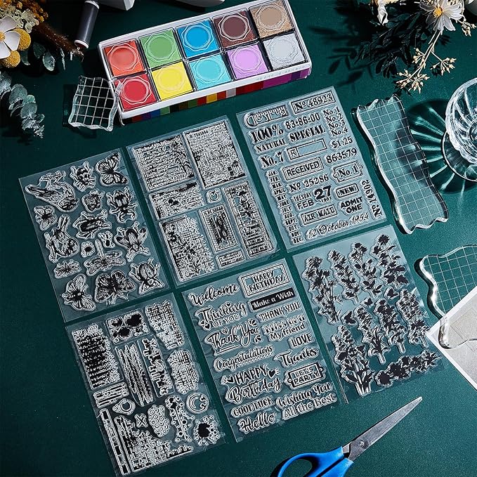 29 Pcs Acrylic Stamps for Crafting Card Making Supplies Set Include 3 Acrylic Clear Stamp Blocks, 6 Clear Silicone Stamps Seals, 20 Craft Ink Pads Stamp for DIY Scrapbooking Journal