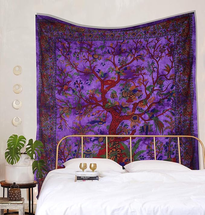 the art box tapestry purple tree of life wall hanging – indian cotton medium bedspread, picnic sheet, wall decor, blanket, wall art for bedroom (60x54 inch)