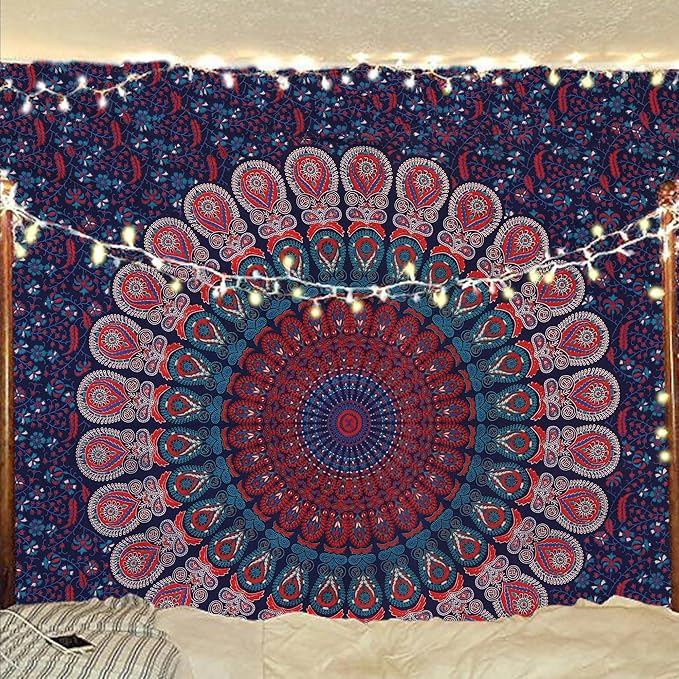 bless international handmade indian hippie bohemian psychedelic peacock mandala wall hanging college dorm beach throws table cloth bedding tapestry (midnight blue, medium(54x60inches)(137x152cms))