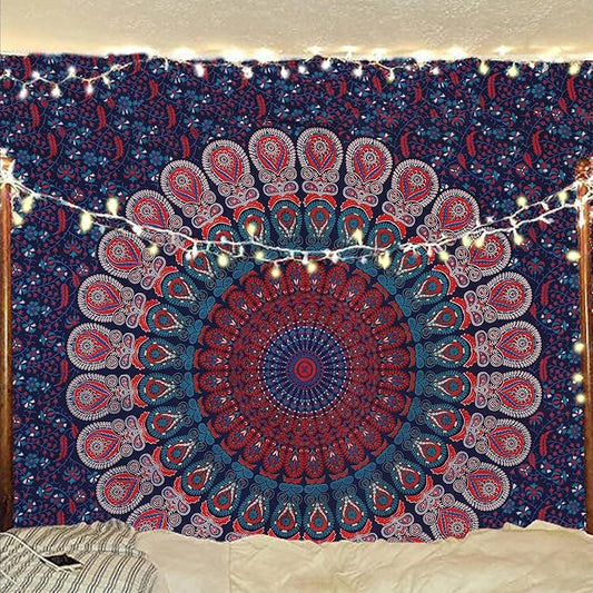 bless international handmade indian hippie bohemian psychedelic peacock mandala wall hanging college dorm beach throws table cloth bedding tapestry (midnight blue, medium(54x60inches)(137x152cms))