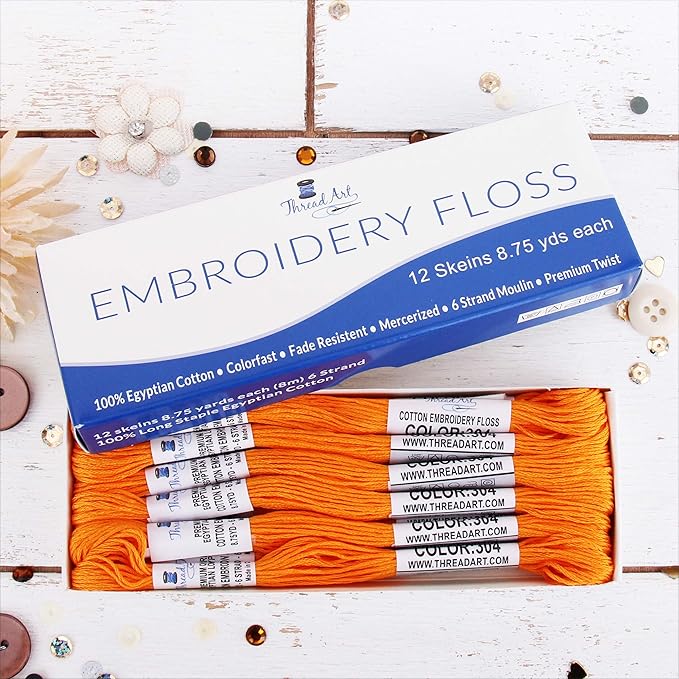 12 Skeins ThreadArt Premium Egyptian Long Fiber Cotton Embroidery Floss | Tangerine | 6 Strand Divisible Thread 8.75yds Each for Hand Embroidery, Friendship Bracelets, Cross Stitch and Crafts