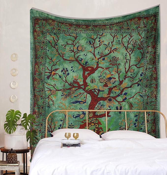 the art box tapestry green tree of life wall hanging – indian cotton twin bedspread, picnic sheet, blanket, wall art for bedroom décor (82x54 inch)