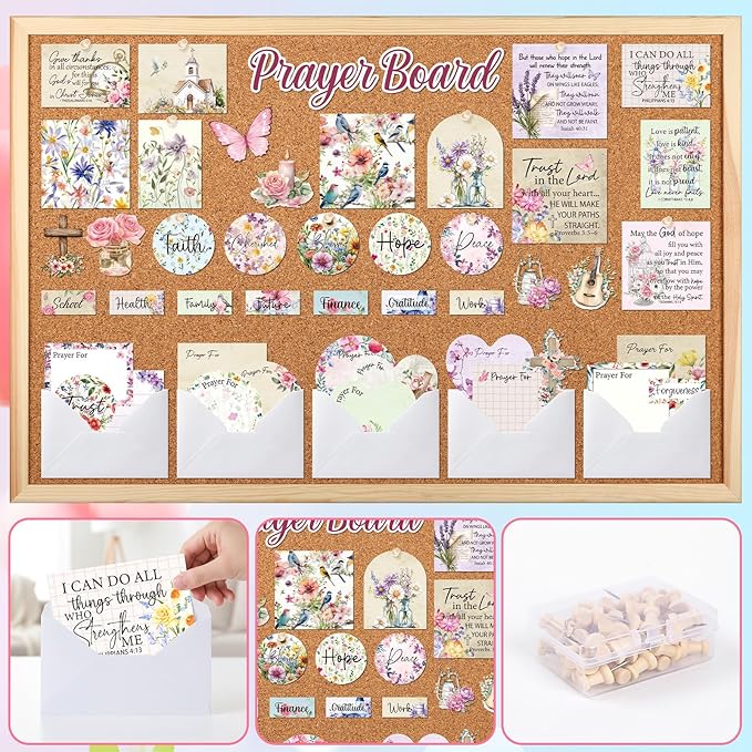 Flower Prayer Board Supplies - 114 Pcs Prayer Board Kit with Pins Envelope Bible Verse Quotes Cards, Colorful Floral Vision Boards Decorations, Bible Study Supplies (Not Including Board)