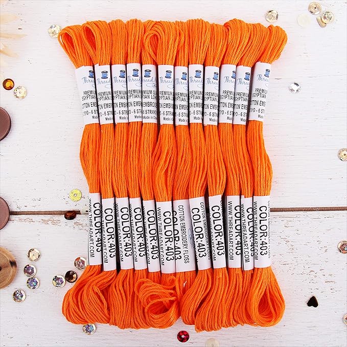 12 Skeins ThreadArt Premium Egyptian Long Fiber Cotton Embroidery Floss | Orange | 6 Strand Divisible Thread 8.75yds Each for Hand Embroidery, Friendship Bracelets, Cross Stitch and Crafts