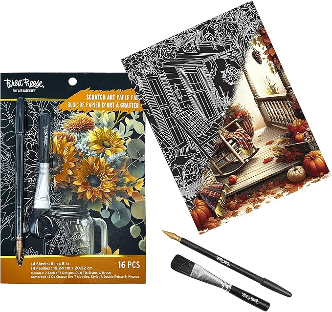 Brea Reese: Scratch Art Paper Pad - Fall Florals - 14 Sheets, 7 Guided Art Designs, Metallic Accents, Stylus & Brush, 6x8 Pages, DIY Adult Craft Kit