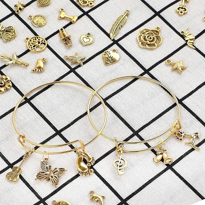 UPINS 30Pcs gold Expandable Blank Bracelets Adjustable Wire Bangles with 100Pcs Tibetan Silver Charms, 200Pcs Open Jump Rings for Jewelry Making
