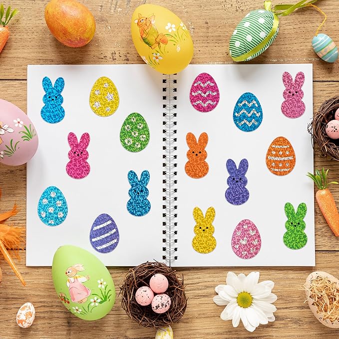 beyumi easter laser bunny sticker - 1000pcs laser bunny peeps stickers in 2 rolls holographic colorful sparkly glitter easter egg rabbit adhesive decal gift holiday party cards envelope decor for kids