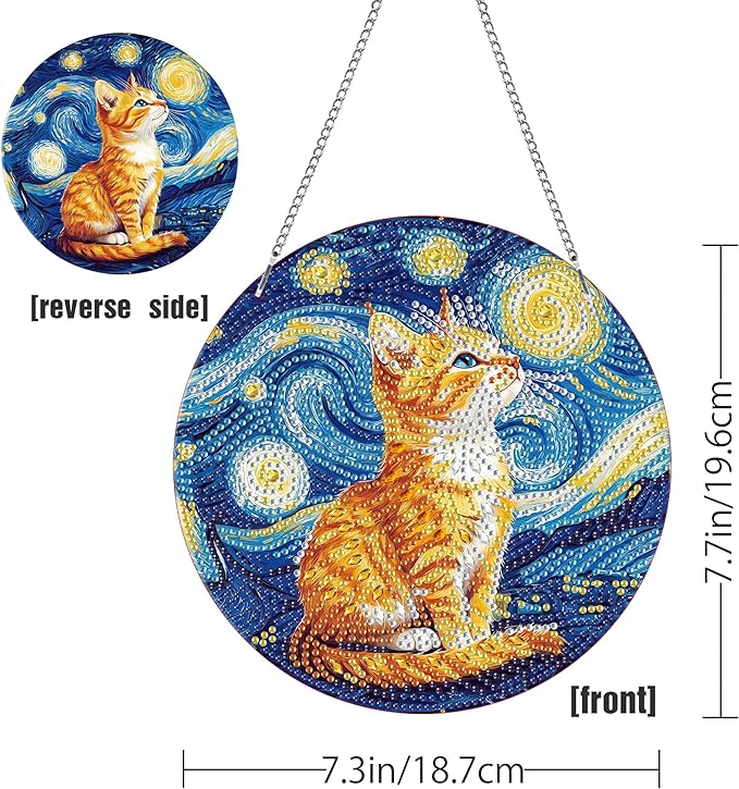 LOMSIOY Diamond Art Hanging Kit for Adult, Cat Front Door Sign Window Decor for Outdoor, Starry Night Double Sided Summer Decor Suncatcers for Porch, Hanging Pendants for Garden Wall （8x8 Inch