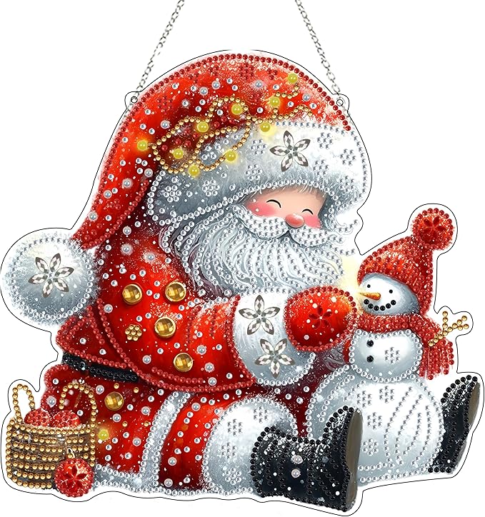 JJFox Diamond Art Hanging Kit for Adult,Special Shaped Rhinestone,DIY Acrylic 5D Diamond Art Painting Window Pendants Home Garden Wall Hanging Kits Hanging Ornament,Double Sided. (Father Christmas)