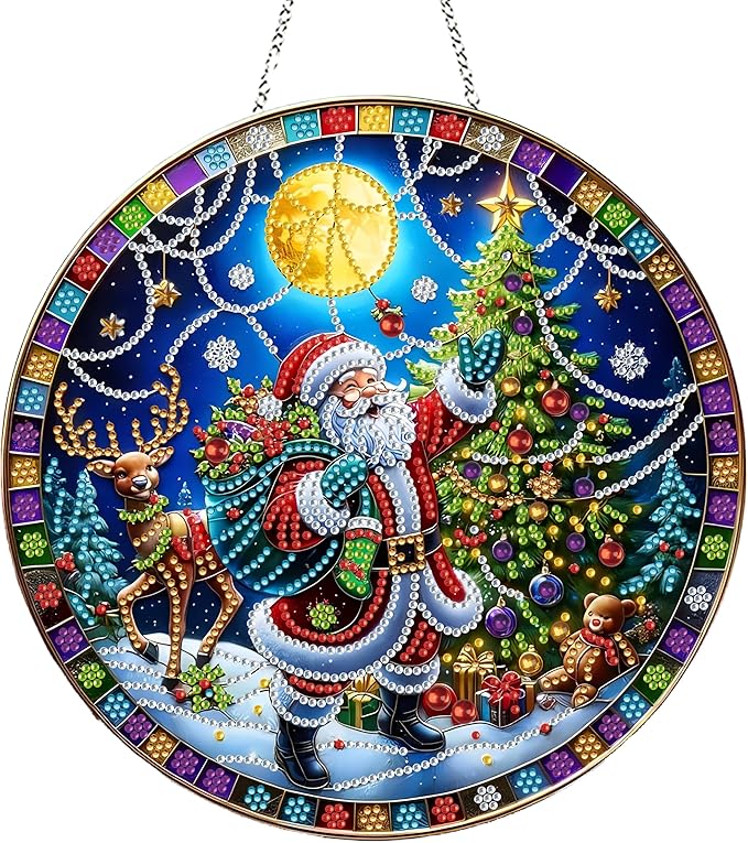 DIY Diamond Art Painting Wreath Kits，Special Shaped Rhinestone Hanging Ornament Diamond Art Window Pendants for Gift Home Garden Wall Hanging Kits,Double Sided (Santa Claus-1)