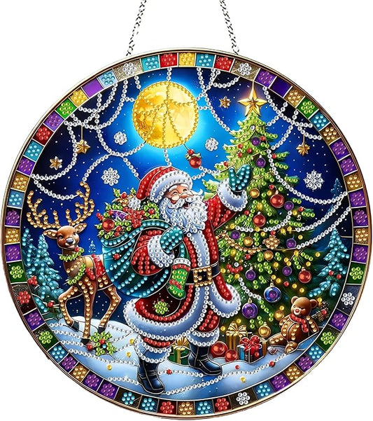 DIY Diamond Art Painting Wreath Kits，Special Shaped Rhinestone Hanging Ornament Diamond Art Window Pendants for Gift Home Garden Wall Hanging Kits,Double Sided (Santa Claus-1)