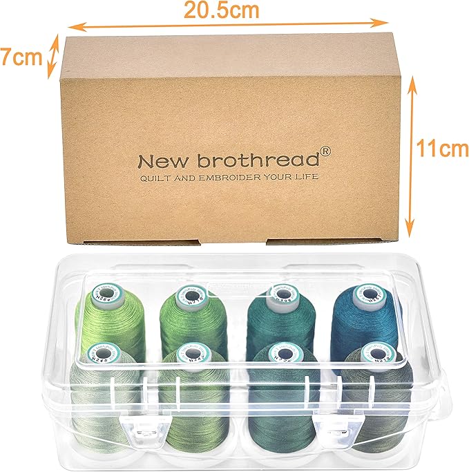 New brothread - 20 Options - 8 Snap Spools of 1000m Each Polyester Embroidery Machine Thread with Clear Plastic Storage Box for Embroidery & Quilting - Different Green
