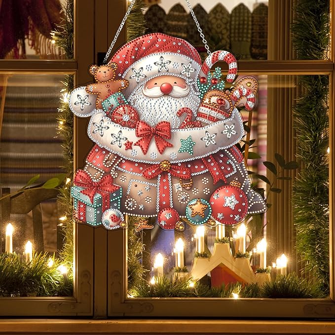 DIY Acrylic Diamond Art Painting Wreath Kits Special Shaped Rhinestone 5D Diamond Art Window Pendants Home Garden Wall Hanging Kits Hanging Ornament (Father Christmas)