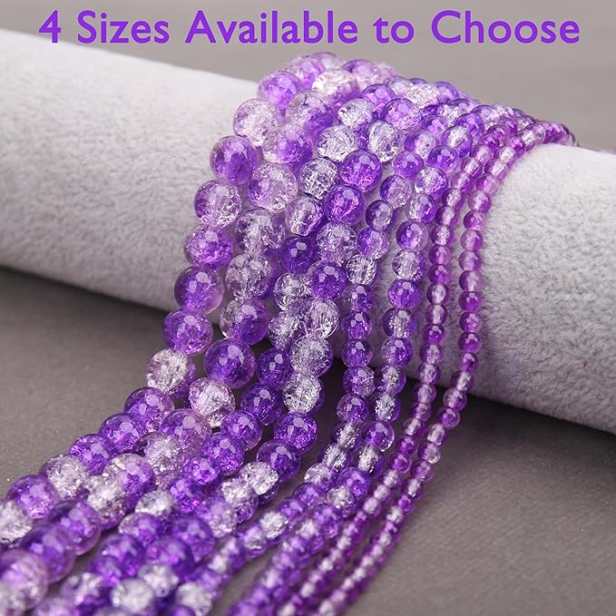 300PCs 6mm Purple Crackle Glass Beads Bulk, Round Smooth Hole Glass Crystal Beads for Jewelry Making, DIY Bracelets, Necklaces, Bag Charms, Keychains and Craft Projects