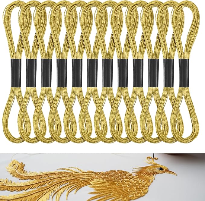 12 Skeins Metallic Embroidery Floss, 8m Each Metallic Gold Embroidery Thread for Cross Stitch, Friendship Bracelets, Sewing, Yarn Crafts & String Art Supplies (Gold)