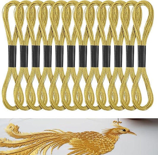 12 Skeins Metallic Embroidery Floss, 8m Each Metallic Gold Embroidery Thread for Cross Stitch, Friendship Bracelets, Sewing, Yarn Crafts & String Art Supplies (Gold)