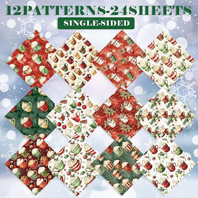 Christmas Pattern Scrapbook Paper, 6 Inch Card Production Supplies, 24 Sheets Single Sided Acid-Free Cardstock Greeting Card, Handmade Gift Journaling Craft Kits (K-style)