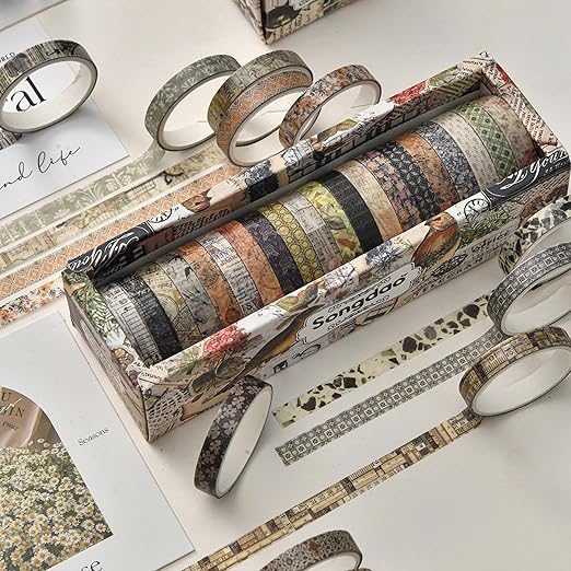 20 Rolls Skinny Vintage Washi Tape Set Retro Arts Adhesive Tapes Basic Patterns Decorative Masking Tape Sets for Craft, Kids, Scrapbook, DIY, Gift Wrapping (Remaining Joy)