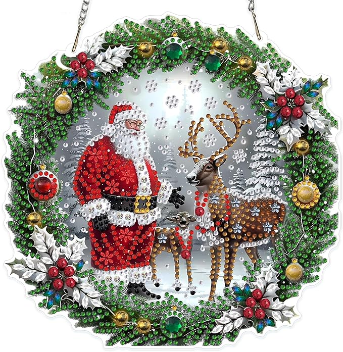 MOGTAA Christmas Diamond Art Hanging Kits for Adults Kids, Christmas Deer Diamond Art Suncatchers, 5D Special Shape Santa Claus Diamond Painting Window Pendant Kit for Home Garden Wall Decor