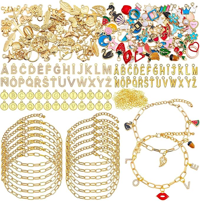 ZMLTLMG 552Pcs Gold Charm Bracelet Making Kit, Premium Paperclip Chain Jewelry Making Supplies with Enamel Charms, Letter Beads & Jump Rings, DIY Crafts Gift Set for Women Girls Adults