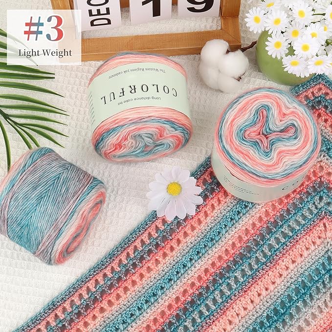 Aeelike Gradient Yarn for Crocheting, 3 Skeins Cake Yarns 100g (3.52 oz) 245m (267 Yards) # 3 Light Weight - Super Soft Ombré Fairyland Yarns for Making Colorful Crafts, Blue Pink Gradient
