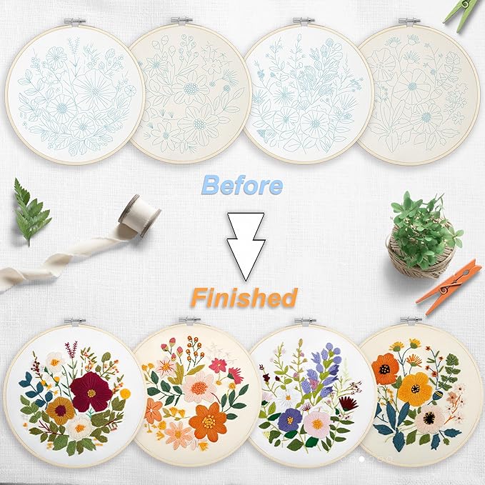 bonroy embroidery kit for beginners with instructions,cross stitch kits for adults with pattern,needlepoint kits for adult include embroidery cloth hoops needles threads (flowers2)