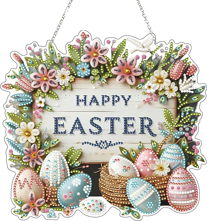 Diamond Art Hanging Kit for Adult,Special Shaped Rhinestone,DIY Acrylic Diamond Art Painting Window Pendants Home Garden Wall Hanging Kits Hanging Ornament,Double Sided. (Happy Easter-2)