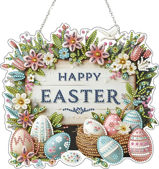 Diamond Art Hanging Kit for Adult,Special Shaped Rhinestone,DIY Acrylic Diamond Art Painting Window Pendants Home Garden Wall Hanging Kits Hanging Ornament,Double Sided. (Happy Easter-2)
