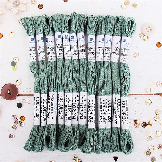 12 Skeins ThreadArt Premium Egyptian Long Fiber Cotton Embroidery Floss | Sea Green | 6 Strand Divisible Thread 8.75yds Each for Hand Embroidery, Friendship Bracelets, Cross Stitch and Crafts