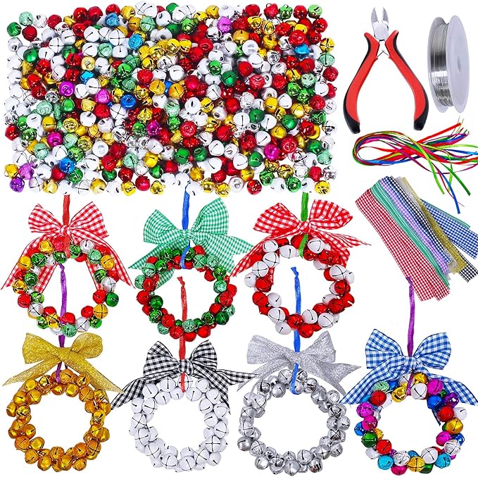 14 Sets Wreath Tree Ornaments Craft Kit with Ribbons, Bows and Bells Assortment for Kids Holiday Winter Bracelets and Necklaces