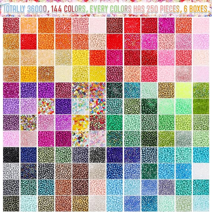 EuTengHao 3mm Glass Seed Beads for Bracelet Making Kit, 8/0 Small Craft Beads for Bracelet Necklaces Crafting Jewelry Making Supplies (36000Pcs,144 Colors)