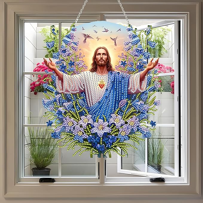 Diamond Art Hanging Kit for Adult,Special Shaped Rhinestone,DIY Acrylic Diamond Art Painting Window Pendants Home Garden Wall Hanging Kits Hanging Ornament,Double Sided (Jesus)
