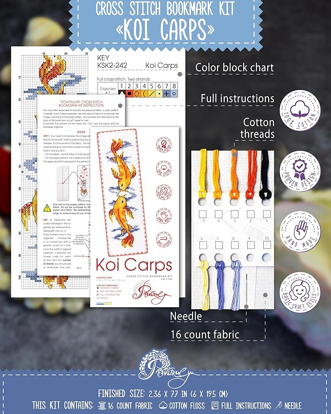 Povitrulya Koi Carp - Counted Cross Stitch Bookmark Kit - Embroidery Set for Adults with Paper Pattern, 16-Count Aida Canvas and Presorted Floss - DIY Christmas, New Year's Gift