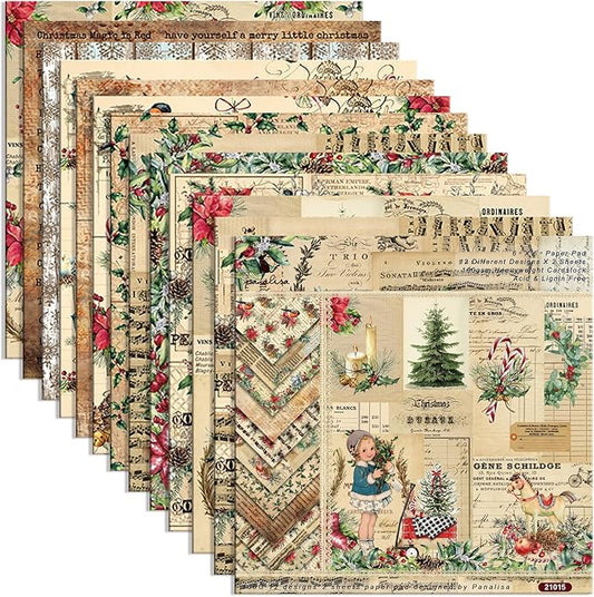 Christmas Pattern Scrapbook Paper, 6 Inch Card Production Supplies, 24 Sheets Single Sided Acid-Free Cardstock Greeting Card, Handmade Gift Journaling Craft Kits (E-style)