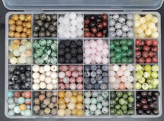 500pcs 8mm Natural Round Stone Beads Gemstone Beading Loose Gemstone Beads Hole Size 1mm DIY Smooth Beads for Bracelet Necklace Earrings Jewelry Making,Box Packed (24 material-8mm)