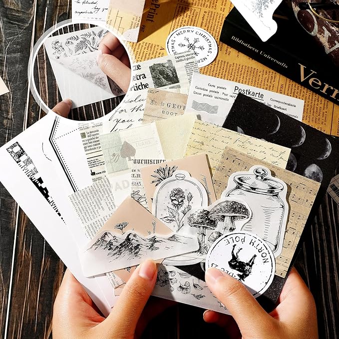 120 Pcs Vintage Aesthetic Scrapbook Kit Junk Journaling Supply with Retro Stamp Stickers,material Paper, Tag Card,hand Account Collage Card,pillow Box,twine Diary Supply Birthday Gift(Artsy Style)